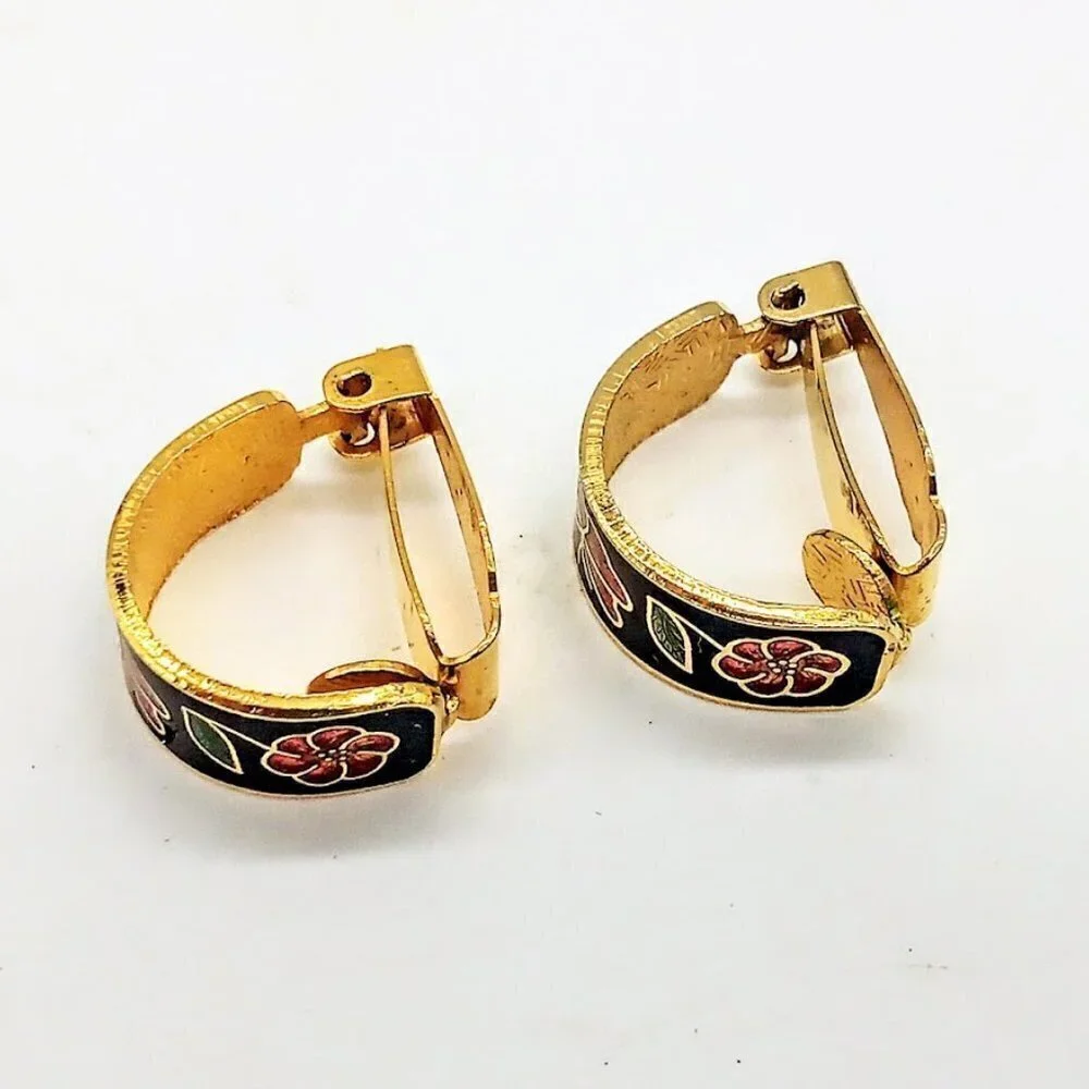 Vintage Black Multicolor Butterfly & Flower Cloisonne Hoop Clip Earrings